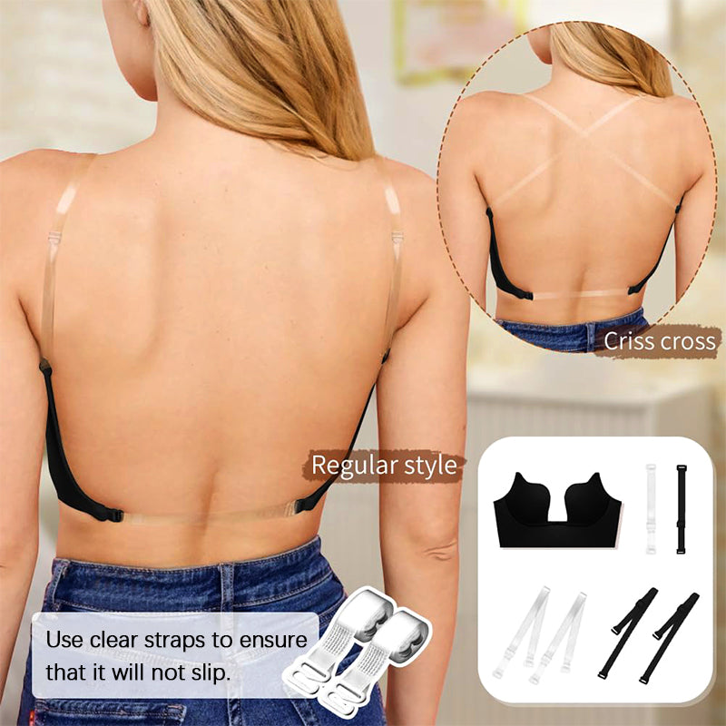 Women'S Deep V-Neck Backless Bra With Transparent Shoulder Straps