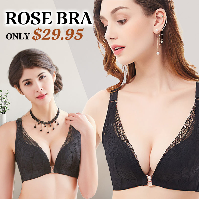 Front Fastening '5D' Stereoscopic Rose Embroidery Bra-Black - Cloud Bras