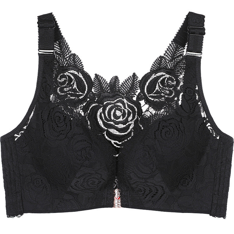 Front Fastening '5D' Stereoscopic Rose Embroidery Bra-Black